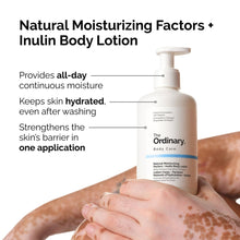 A person holds The Ordinary Natural Moisturizing Factors + Inulin Body Lotion. Text highlights benefits: provides all-day moisture, keeps skin hydrated after washing, and strengthens the skin's barrier in one application.